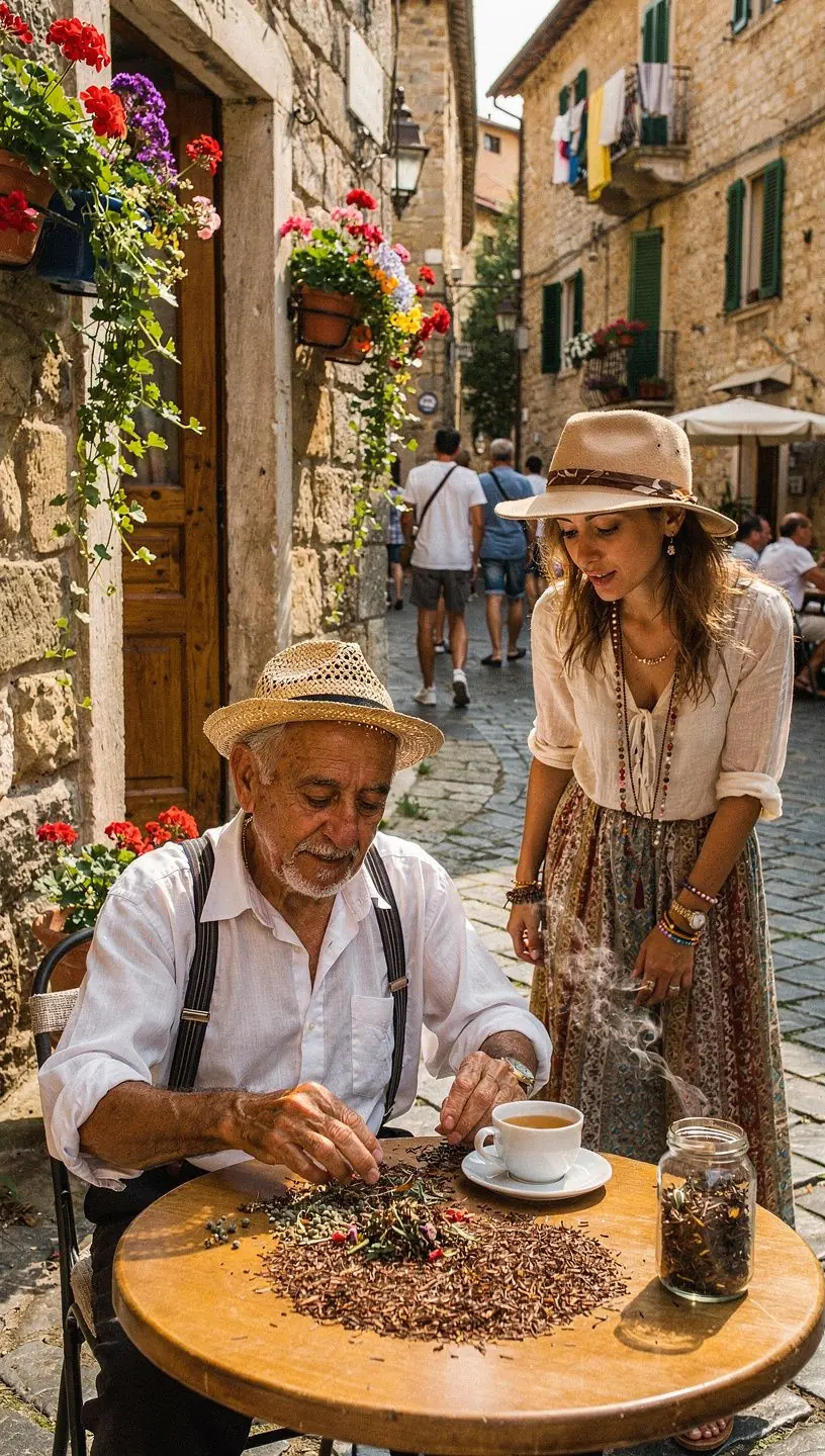 Foglie di tè rooibos essiccate disposte su un tavolo di legno.