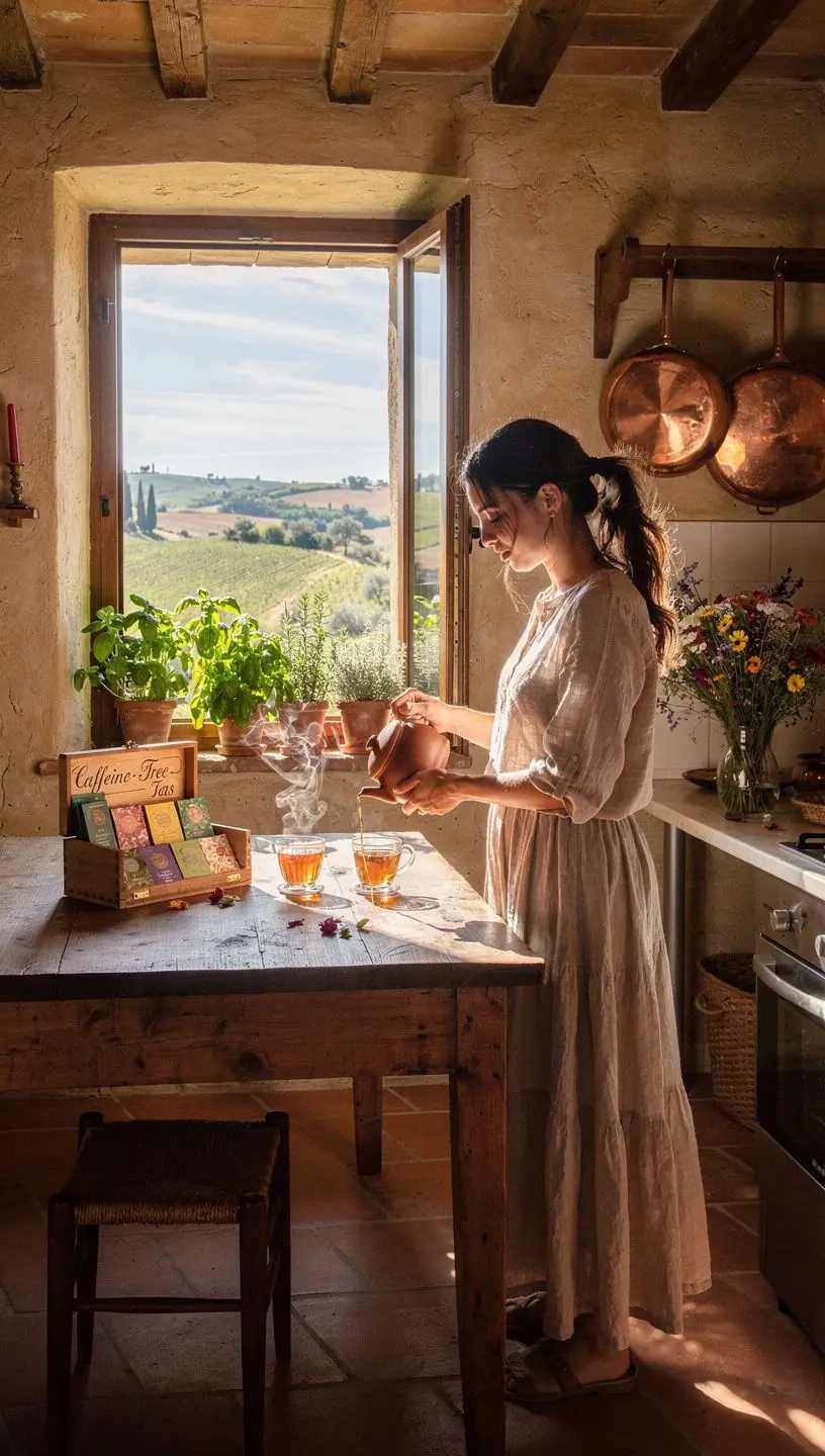 Una tazza di tè rooibos caldo con una fetta di limone sopra.